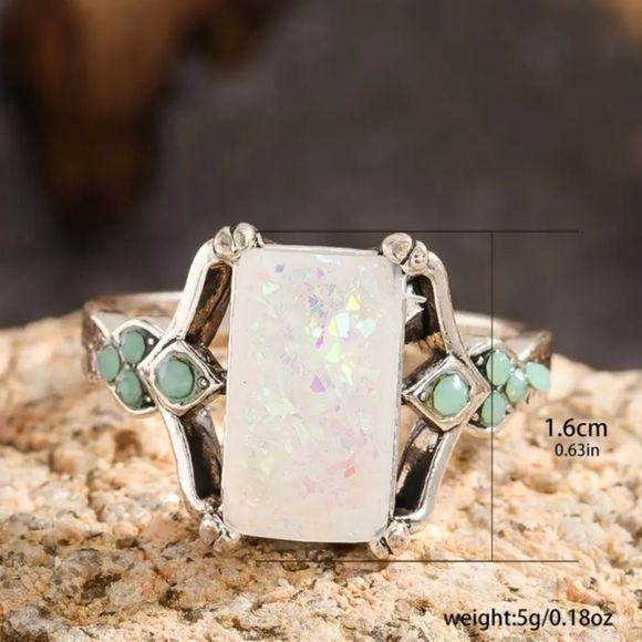 Rectangle White Opal Antique Silver Rings - Picture 11 of 12